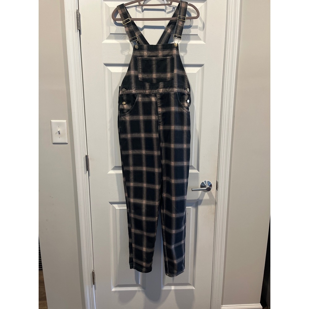 WeWoreWhat Plaid Denim Overalls Black Tan Check Bib Jumpsuit XS